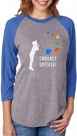 autism awareness women's 3/4 sleeve baseball jersey shirt - embracing differences - size large, blue/gray logo