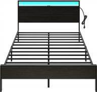 queen bed frame with charger & led headboard, platform metal w/ wooden headboard & footboard, under bed storage - no box spring needed! logo