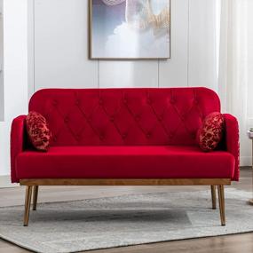 img 4 attached to Small Loveseat For Bedroom, Office - Red Velvet Tufted Back 2 Seater Sofa With Golden Metal Legs And Moon Shape Pillows