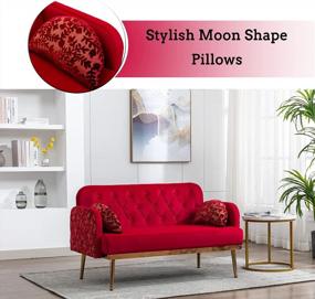 img 1 attached to Small Loveseat For Bedroom, Office - Red Velvet Tufted Back 2 Seater Sofa With Golden Metal Legs And Moon Shape Pillows