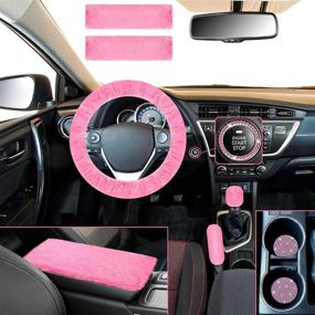 img 3 attached to 10 Pieces Fluffy Steering Wheel Covers Handbrake Cover Seat Belt Shoulder Pads Gear Shift Cover Diamond Tray Ignition Ring Ball Key Chain Armrest Box Mat (Pink)