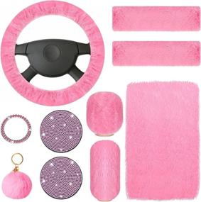 img 4 attached to 10 Pieces Fluffy Steering Wheel Covers Handbrake Cover Seat Belt Shoulder Pads Gear Shift Cover Diamond Tray Ignition Ring Ball Key Chain Armrest Box Mat (Pink)