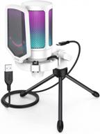 usb microphone for gaming, pc recording mic with rgb led, podcasting condenser mic for online game, zoom vocal chat - mute button & gain knob + anti-vibration tripod stand (white) logo
