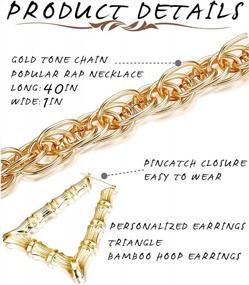 img 3 attached to HANPABUM Chunky Rope Chain Necklace And Triangle Bamboo Hoop Earrings Set, Gold Plated For Men And Women - Perfect Punk, Hip Hop, Or 80S/90S Rapper Costume Kit And Accessories