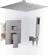 modern 16 inch ceiling mounted brushed nickel shower system with rainfall head and handheld spray - complete bathroom luxury mixer set with rough-in valve body and trim included logo