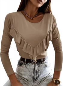 img 4 attached to Women'S Ruffle Trim Long Sleeve T-Shirt With Pleated Detailing, Round Neck Casual Tops And Blouses