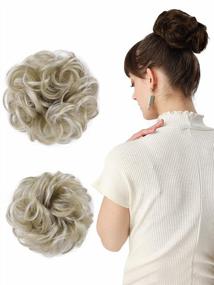 img 4 attached to Thick 2PCS Updo Messy Hair Bun Curly Wavy Ponytail Extensions Hairpieces Hair Scrunchies For Women Girls In Ash Blonde With Light Blonde Highlights By REECHO