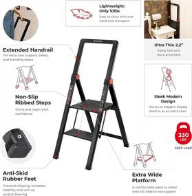 img 2 attached to INTERTOOL Premium Ultra Thin 2 Step Ladder With 330 Lbs Capacity, Anti-Slip Pedals, & Safety Handrail Grip - Lightweight & Portable Aluminum Folding Stool For Heavy Duty Jobs - Black Slim LT08-5002