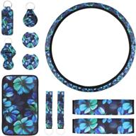 🌸 complete aqua flower car interior accessory set for women - 11 pcs steering wheel cover, console cover, seat belt pads, cup holder coaster, keyrings, and lanyard логотип