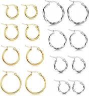stainless steel round hoop earrings for women - 8 pairs 2 style twisted silver tone 10mm, 12mm, 15mm & 20mm set logo