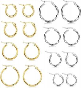 img 4 attached to Stainless Steel Round Hoop Earrings For Women - 8 Pairs 2 Style Twisted Silver Tone 10MM, 12MM, 15MM & 20MM Set