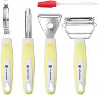 vegetable peeler set stainless steel (4pcs set -yellow) - multi-purpose stainless steel peelers, comfortable grip design for kitchen, free silicone brush logo