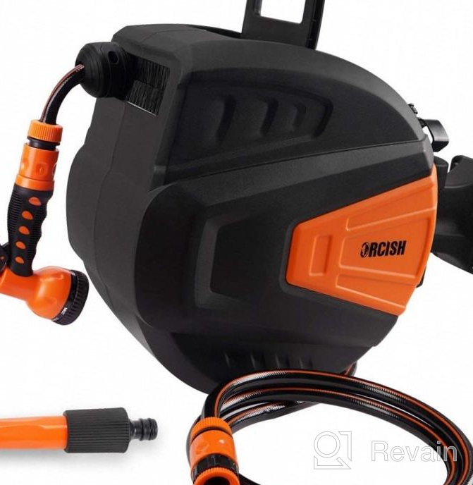img 1 attached to ORCISH Hose Reel - 66 FT Wall Mounted Retractable Garden Hose-Reel With 9 Sprayer Nozzles, Any Length Lock & Automatic Rewind System review by John Benjamin