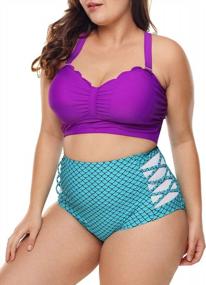img 4 attached to Plus Size Strappy High Waist Bikini Set: Tummy Control Purple Mermaid Swimwear For Women With Padded Two Piece Swimsuit Bathing Suit In Size M