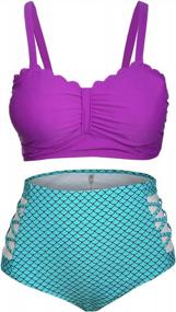 img 1 attached to Plus Size Strappy High Waist Bikini Set: Tummy Control Purple Mermaid Swimwear For Women With Padded Two Piece Swimsuit Bathing Suit In Size M
