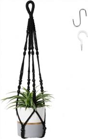 img 4 attached to Macrame Plant Hanger With Beads And 2 Hooks - Hanging Planter Holder For Indoor And Outdoor Home Decor, No Tassel Design, 35 Inch Length, Black - POTEY 610106