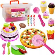 interactive pretend cutting play food toy set for kids - includes pizza, ice cream, fries, desserts, storage box, and cake for birthdays and parties - enhances toddlers' learning experience logo
