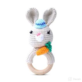 img 4 attached to Adorable LAMJIO Crochet Bunny Wooden Baby Rattle Teether Ring – Perfect Sensory Toy for Infants 3-6 Months+! (Beige Rabbit)