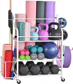 img 4 attached to Mythinglogic Yoga Mat And Equipment Storage Rack With Hooks And Wheels - Gym Organizer For Dumbbells, Kettlebells, Foam Roller, Yoga Strap, And Resistance Bands