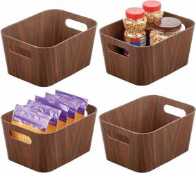 img 4 attached to MDesign Food Storage Container Bin With Handles - For Kitchen, Pantry, Cabinet, Fridge/Freezer - Narrow For Snacks, Produce, Vegetables, Pasta - Food Safe - 4 Pack - Espresso Brown Wood Print