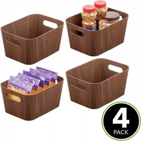img 3 attached to MDesign Food Storage Container Bin With Handles - For Kitchen, Pantry, Cabinet, Fridge/Freezer - Narrow For Snacks, Produce, Vegetables, Pasta - Food Safe - 4 Pack - Espresso Brown Wood Print