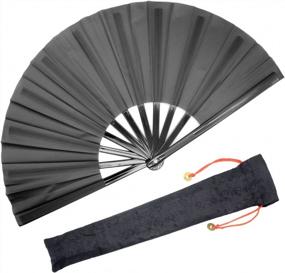 img 4 attached to Black Large Rave Folding Hand Fan For Men/Women - Chinese Japanese Kung Fu Tai Chi Fabric Case EDM Music Festival Club Event Party Dance Performance Decoration OMyTea