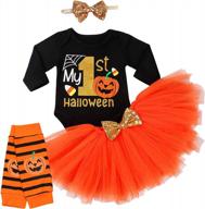 adorable baby girl's 1st halloween and thanksgiving outfit with pumpkin print romper, bow tutu dress, headband, and leg warmers skirt set logo