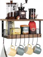 stylish rustic wood floating shelf with coffee mug rack and hook features for kitchen and living room organization logo