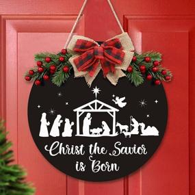img 4 attached to Christmas Door Sign Wreath For Front Door Nativity Ornaments Jesus Christ The Savior Is Born Rustic Farmhouse Buffalo Plaid Decorations Christian Hanging Decor For Fireplace Porch Indoor Outdoor BLACK