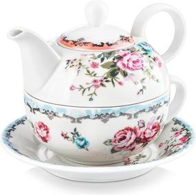 img 4 attached to MALACASA Tea For One Set, чайник 11 унций, чашка 8,4 унции и 6-дюймовые блюдца, фарфоровая чашка и блюдце с крышкой, синий и розовый - серия Sweet Time