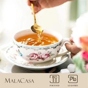 img 2 attached to MALACASA Tea For One Set, чайник 11 унций, чашка 8,4 унции и 6-дюймовые блюдца, фарфоровая чашка и блюдце с крышкой, синий и розовый - серия Sweet Time