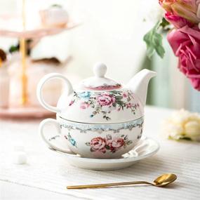 img 1 attached to MALACASA Tea For One Set, чайник 11 унций, чашка 8,4 унции и 6-дюймовые блюдца, фарфоровая чашка и блюдце с крышкой, синий и розовый - серия Sweet Time