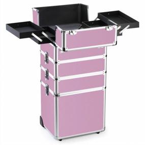 img 3 attached to Pink Professional Makeup Rolling Organizer With Folding Trays And Aluminum Frame - OUDMAY Cosmetic Train Case 4 In 1