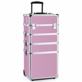 img 4 attached to Розовый профессиональный роликовый органайзер для макияжа с раскладными подносами и алюминиевой рамой - косметический путевой чемодан OUDMAY 4 в 1