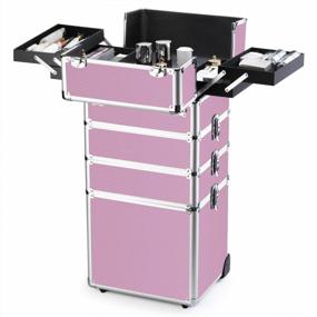 img 2 attached to Pink Professional Makeup Rolling Organizer With Folding Trays And Aluminum Frame - OUDMAY Cosmetic Train Case 4 In 1
