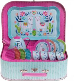 img 3 attached to Jewelkeeper 15 Piece Kids Pretend Toy Tin Tea Set & Carry Case - Llama Design