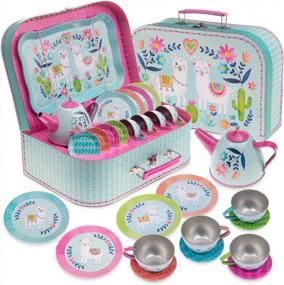 img 4 attached to Jewelkeeper 15 Piece Kids Pretend Toy Tin Tea Set & Carry Case - Llama Design