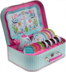 img 2 attached to Jewelkeeper 15 Piece Kids Pretend Toy Tin Tea Set & Carry Case - Llama Design
