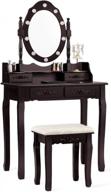 charmaid vanity set with 10 led lights, 4 drawers, and storage shelf - detachable top and cushioned stool - ideal for bedroom, bathroom, and makeup - brown finish - perfect for girls and women logo