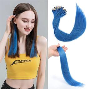 img 4 attached to Clip In Colored Hair Extensions 100% Real Human Hair 18 Inch, Lake Blue Hair Extensions Clip In Human Hair, Straight Hair Hairpieces Highlights Clip In Hair Extension For Kids Girls Women 6 Pieces