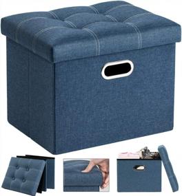 img 4 attached to COSYLAND Ottoman With Storage For Room Folding Ottoman Foot Stool Footrest Seat Linen Fabric Ottoman Rectangle Collapsible Bench With Handles Lid Toy Chest Light Denim Blue L17 X W13 X H13 Inches