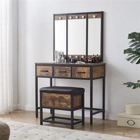 img 2 attached to 💡 Rustic Brown LED Lights Dressing Table with Mirror, 3 Drawers & Stool by Fineboard