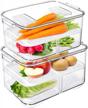 suwimut 2 pack fridge storage containers produce saver, stackable refrigerator organizer bins fresh keeper container with vented lids and removable drain tray for fruits and vegetables logo