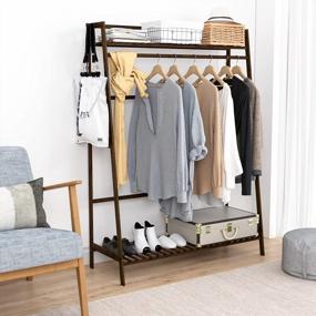img 2 attached to UDEAR Freestanding Bamboo Clothing Rack With Shelves, Garment Hanging Rack For Bedroom, Large Brown