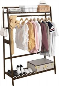 img 4 attached to UDEAR Freestanding Bamboo Clothing Rack With Shelves, Garment Hanging Rack For Bedroom, Large Brown