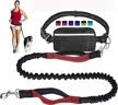 hands free dog leash for running walking training hiking, dual-handle reflective bungee, poop bag dispenser pouch, adjustable waist belt, shock absorbing, ideal for medium to large dogs (black/red) logo