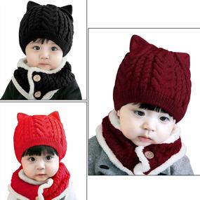img 2 attached to Bienvenu Baby Boy Girl Зимняя шапка, шапка-бини для малышей с шарфом, вязаная шапка на флисовой подкладке, грелка для шеи для детей, 2 предмета