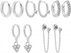 img 2 attached to Set Of 5 Cute Huggies Chain Hoop Earrings For Women And Girls, Hypoallergenic Gold And Silver Dangle Earrings With Cubic Zirconia - Perfect Gift Idea