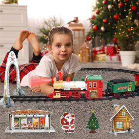 img 3 attached to Classical Christmas Train Set With Headlight, Realistic Sounds, 4 Cars Carriage And Tracks - Perfect Gift For Christmas Décor Under The Tree - DeAO Train Set