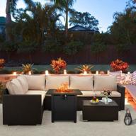 8-piece outdoor conversation patio furniture set w/ fire pit table & lid - all weather pe wicker 50000btu gas fire pit, lava rock logo